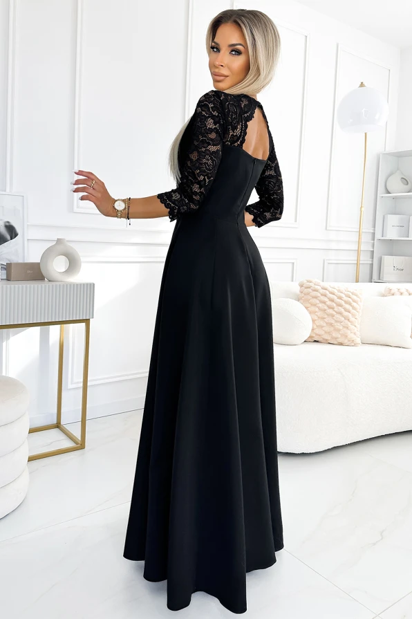 309-11 AMBER lace, elegant long dress with a neckline and leg slit - black