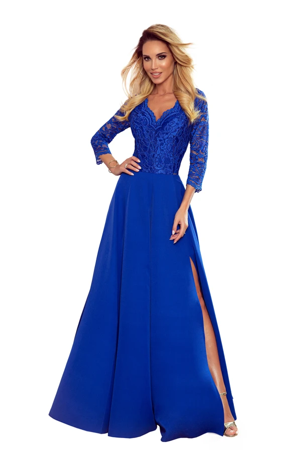 309-2 AMBER elegant lace long dress with a neckline - Royal blue