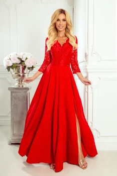 309-3 AMBER elegant lace long dress with a neckline - red color
