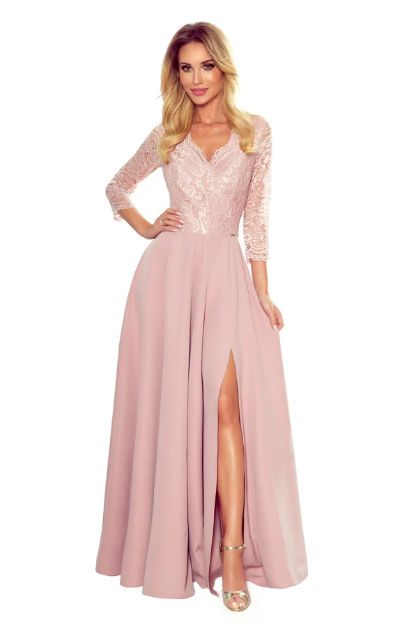 309-4 AMBER elegant lace long dress with a neckline - dirty pink