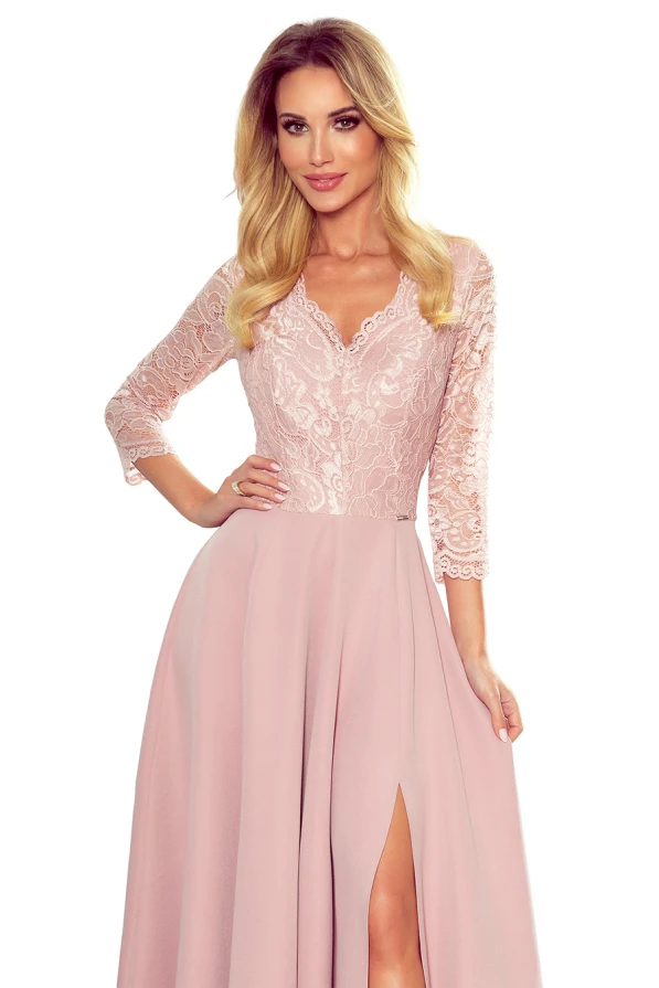 309-4 AMBER elegant lace long dress with a neckline - dirty pink