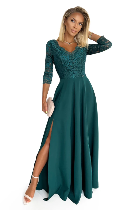 309-5 AMBER elegant lace long dress with a neckline - green