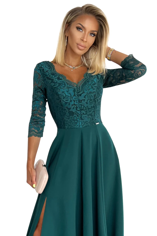 309-5 AMBER elegant lace long dress with a neckline - green