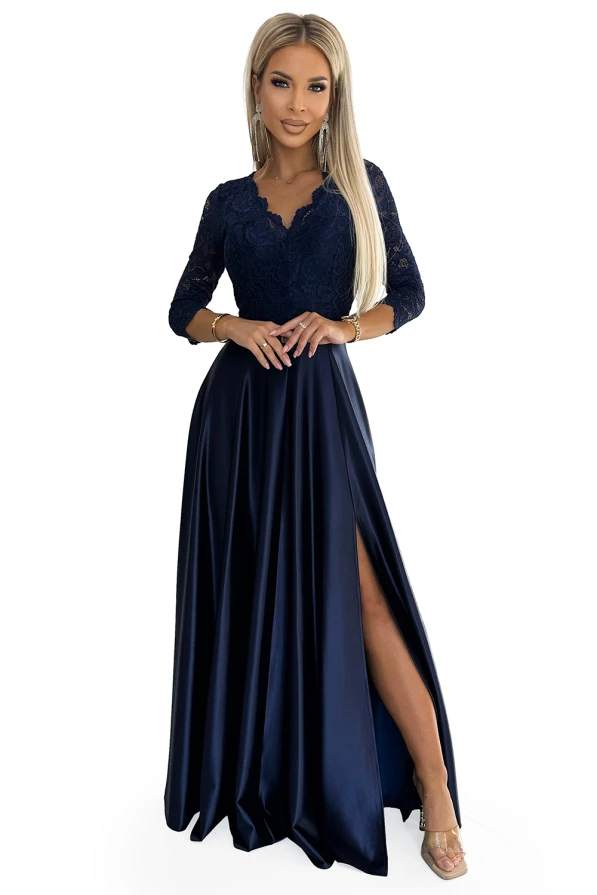 309-7 AMBER lace long satin dress with a neckline - dark blue