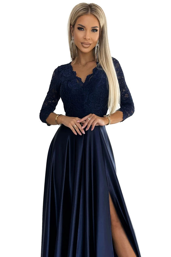 309-7 AMBER lace long satin dress with a neckline - dark blue