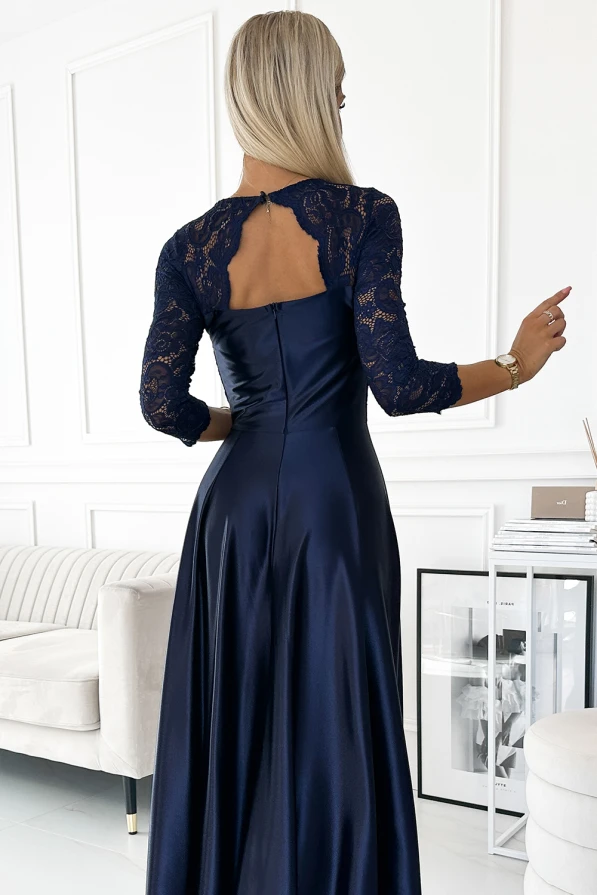 309-7 AMBER lace long satin dress with a neckline - dark blue