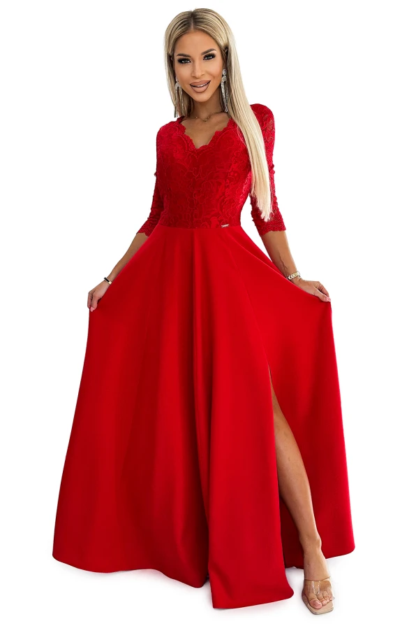 309-8 AMBER lace, elegant long dress with a neckline and leg slit - red