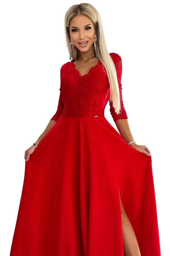 309-8 AMBER lace, elegant long dress with a neckline and leg slit - red