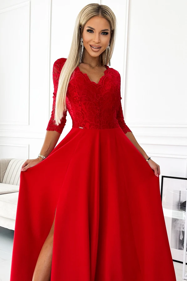 309-8 AMBER lace, elegant long dress with a neckline and leg slit - red