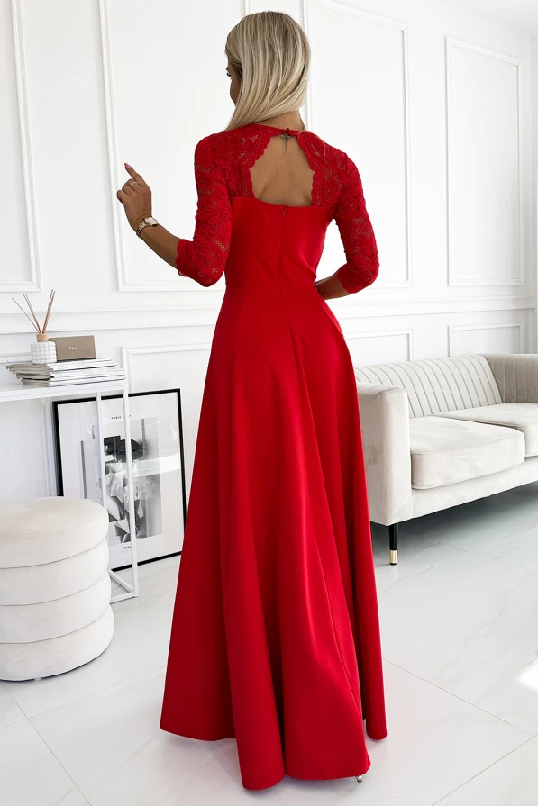 A long, elegant red dress with lace detailing on the sleeves and back, featuring a fitted bodice and flowing skirt. The dress exudes sophistication, perfect for formal occasions.