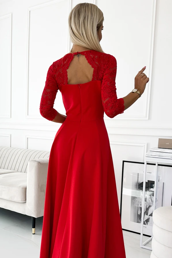 309-8 AMBER lace, elegant long dress with a neckline and leg slit - red