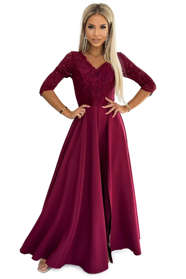 309-9 AMBER elegant long maxi dress with lace neckline - burgundy