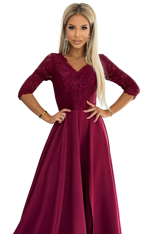 309-9 AMBER elegant long maxi dress with lace neckline - burgundy