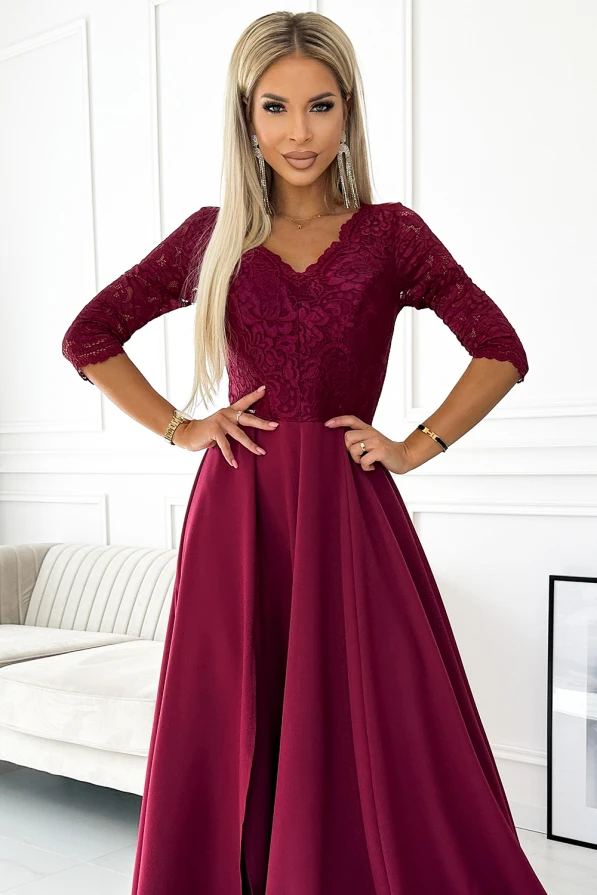 309-9 AMBER elegant long maxi dress with lace neckline - burgundy