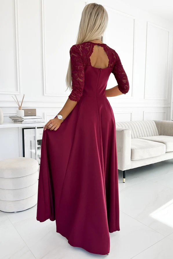 309-9 AMBER elegant long maxi dress with lace neckline - burgundy