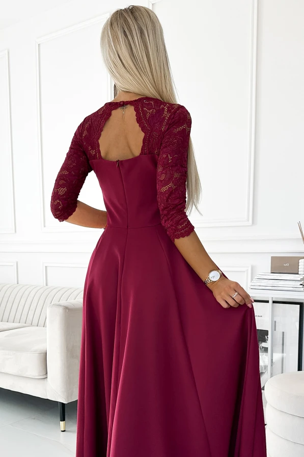 309-9 AMBER elegant long maxi dress with lace neckline - burgundy