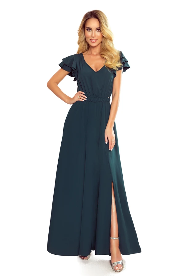 310-1 LIDIA long dress with neckline and frills - green