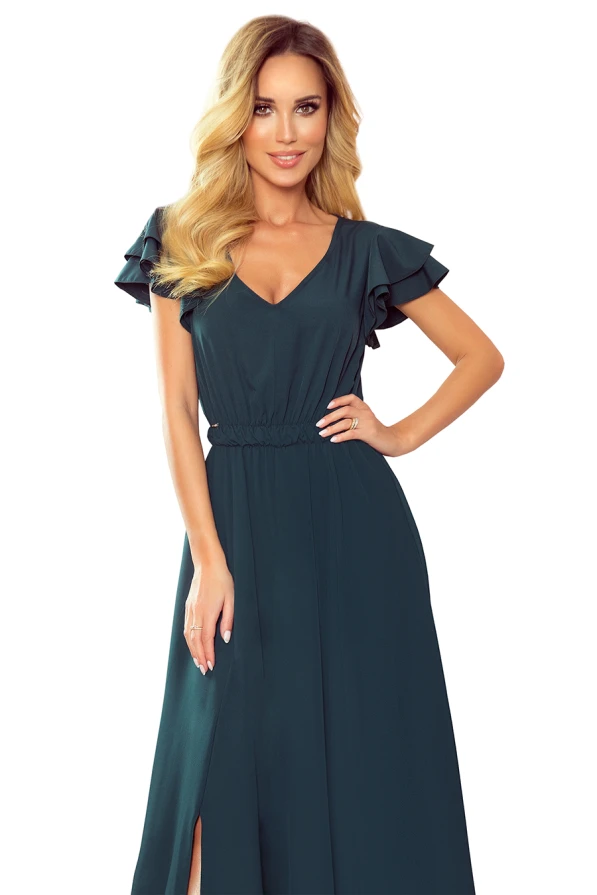 310-1 LIDIA long dress with neckline and frills - green