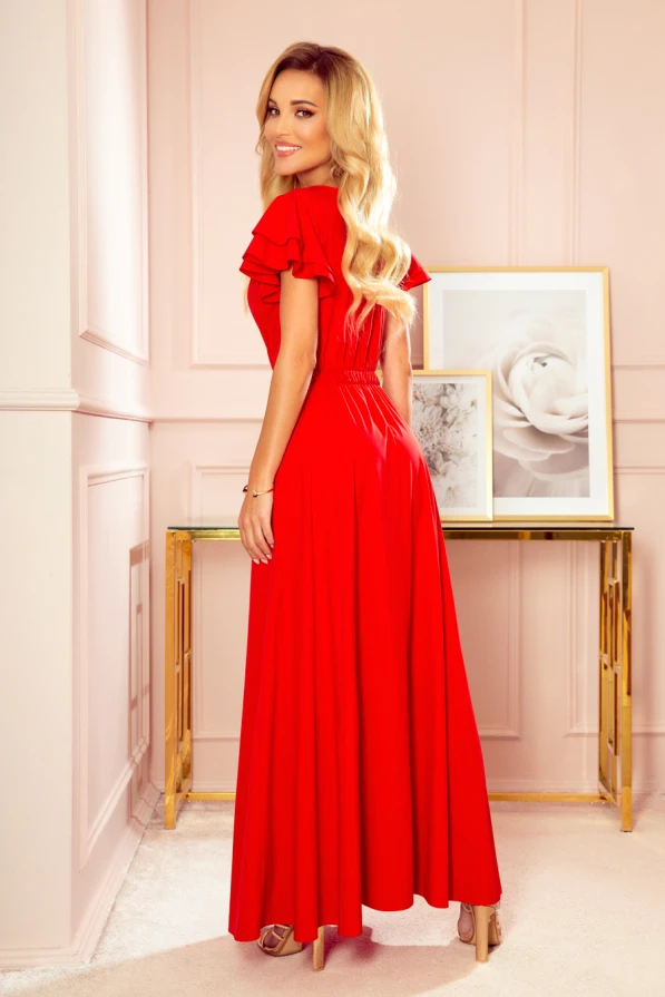 310-2 LIDIA long dress with neckline and frills - red