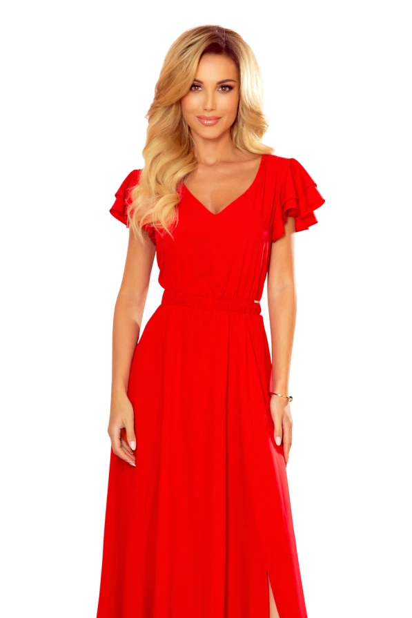 310-2 LIDIA long dress with neckline and frills - red