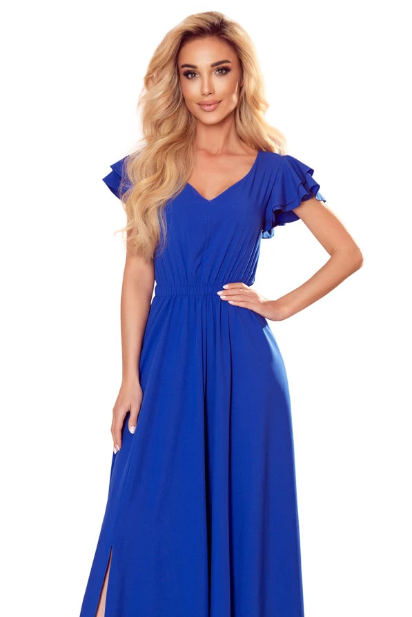 310-3 LIDIA long dress with neckline and frills - Royal Blue