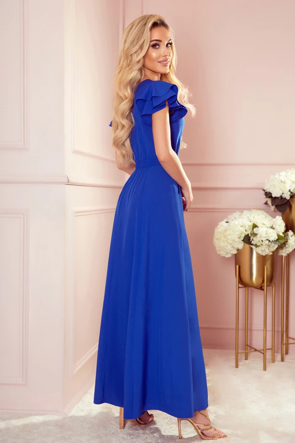 310-3 LIDIA long dress with neckline and frills - Royal Blue