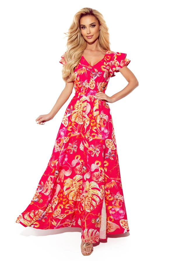 310-4 LIDIA long dress with neckline and frills - pink with flowers