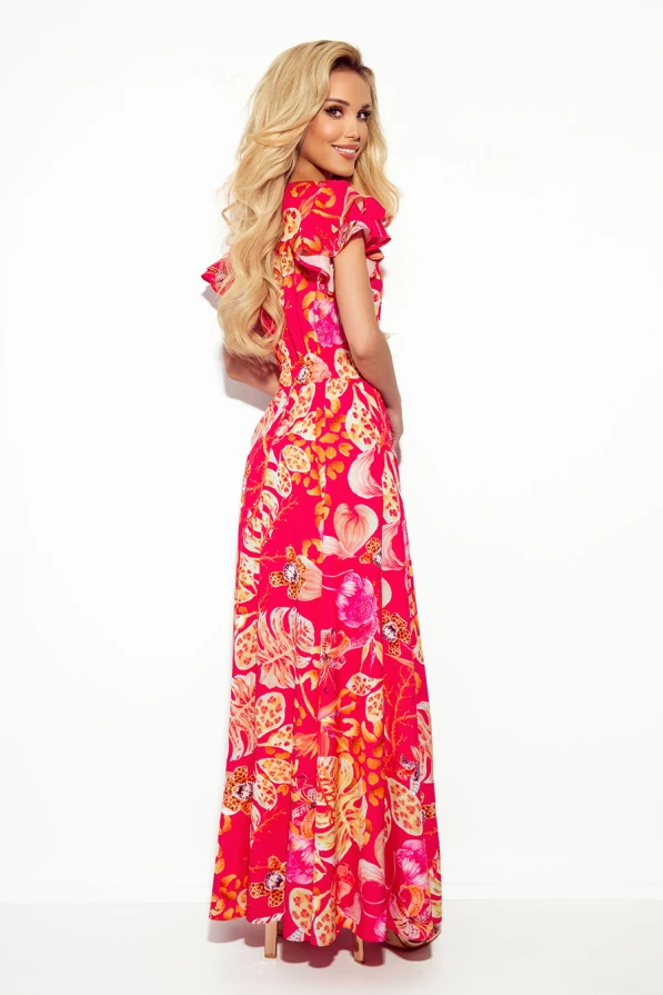 310-4 LIDIA long dress with neckline and frills - pink with flowers