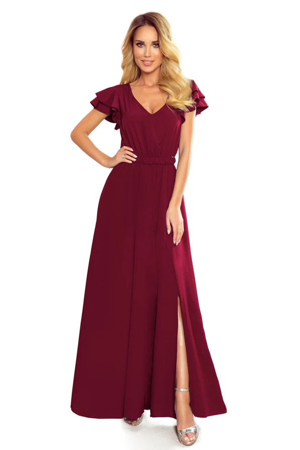 310-5 LIDIA long dress with a neckline and frills - burgundy color