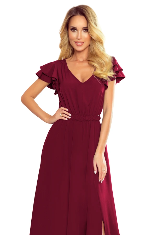 310-5 LIDIA long dress with a neckline and frills - burgundy color