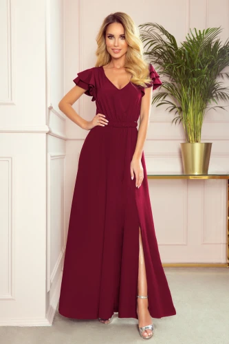 A long, elegant burgundy dress with ruffled short sleeves and a flattering V-neckline, featuring a stylish slit on one side. The dress is perfect for formal occasions, offering a sophisticated and graceful look.}