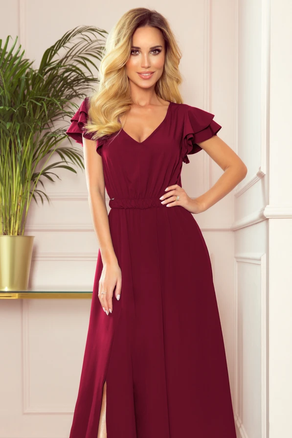 310-5 LIDIA long dress with a neckline and frills - burgundy color