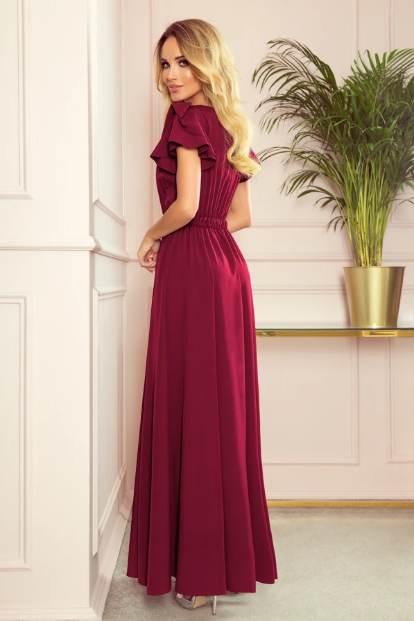310-5 LIDIA long dress with a neckline and frills - burgundy color