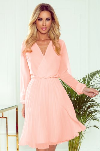 313-2 ISABELLE Pleated dress with neckline and long sleeve - peach color