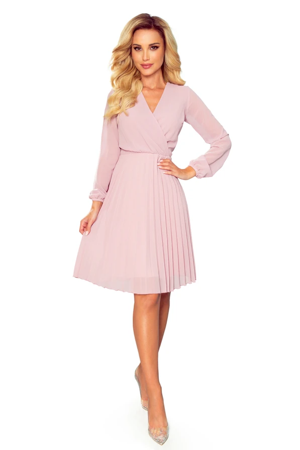 313-4 ISABELLE Pleated dress with neckline and long sleeve - powder pink
