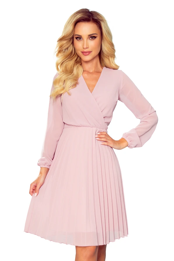 313-4 ISABELLE Pleated dress with neckline and long sleeve - powder pink