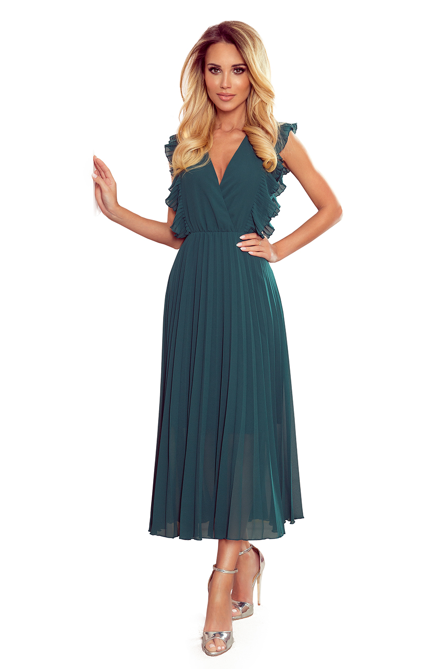 315-1 EMILY Pleated dress with frills and neckline - green - Numoco ...