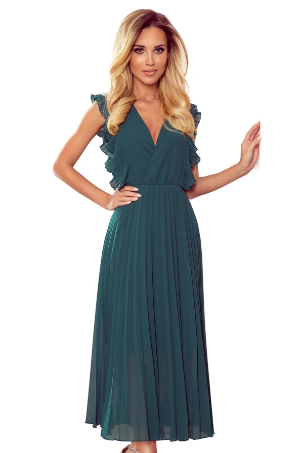 315-1 EMILY Pleated dress with frills and neckline - green