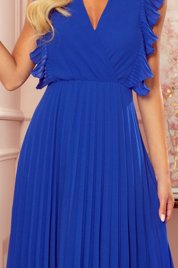 315-2 EMILY Pleated dress with frills and neckline - Blue