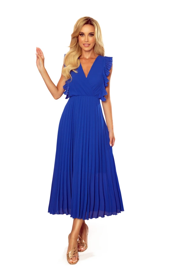 315-2 EMILY Pleated dress with frills and neckline - Blue
