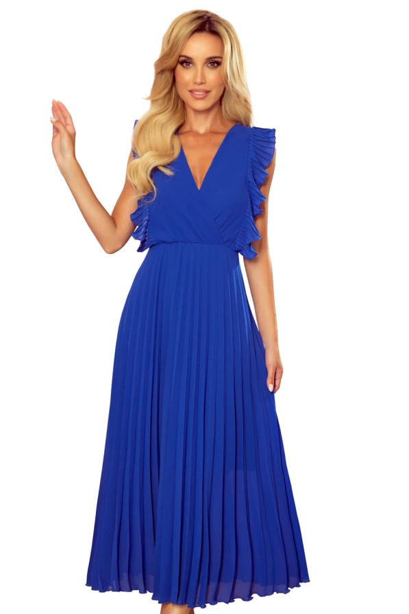 315-2 EMILY Pleated dress with frills and neckline - Blue