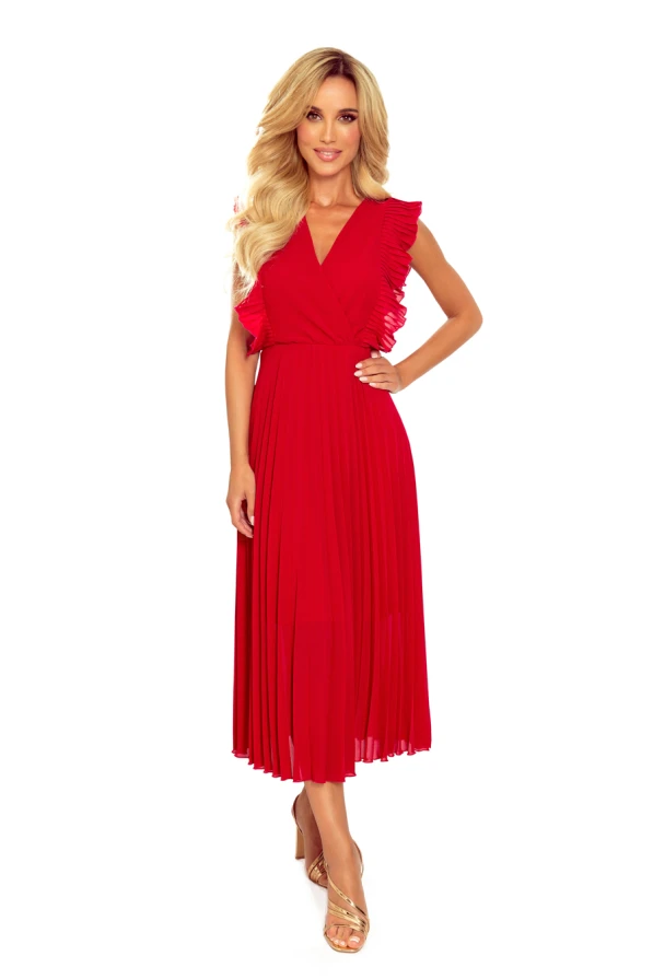 315-3 EMILY Pleated dress with frills and neckline - red