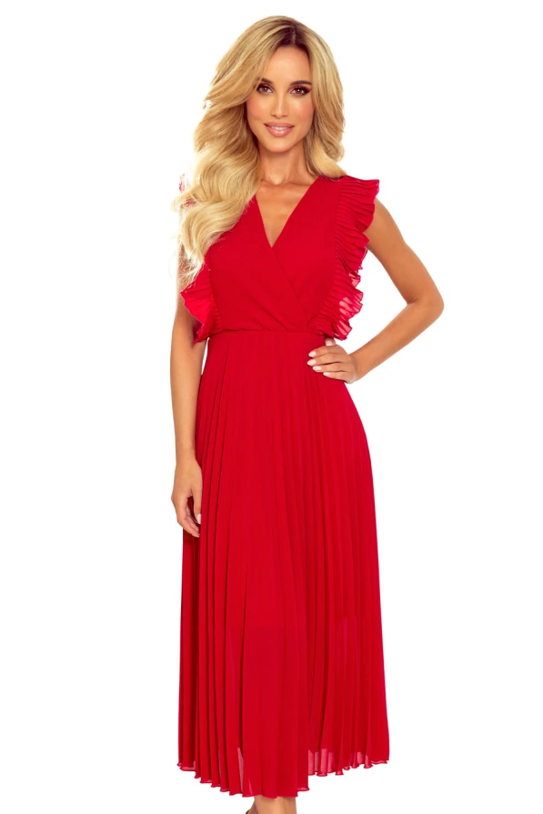 315-3 EMILY Pleated dress with frills and neckline - red