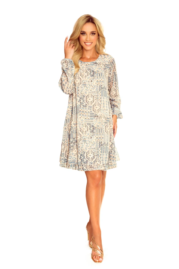 319-2 HANNAH chiffon dress with a neckline at the back - beige and blue boho pattern