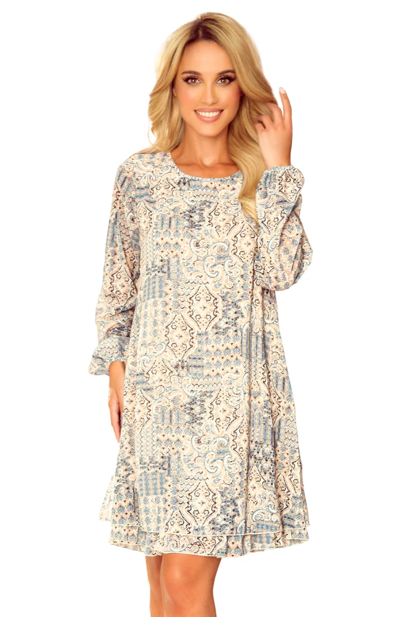 319-2 HANNAH chiffon dress with a neckline at the back - beige and blue boho pattern