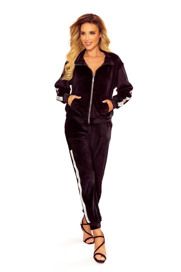 326-2 Velor tracksuit with stripes and a decorative zipper - black