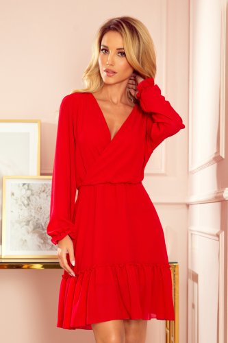 329-2 LAUREN Chiffon dress with a neckline and frills - red