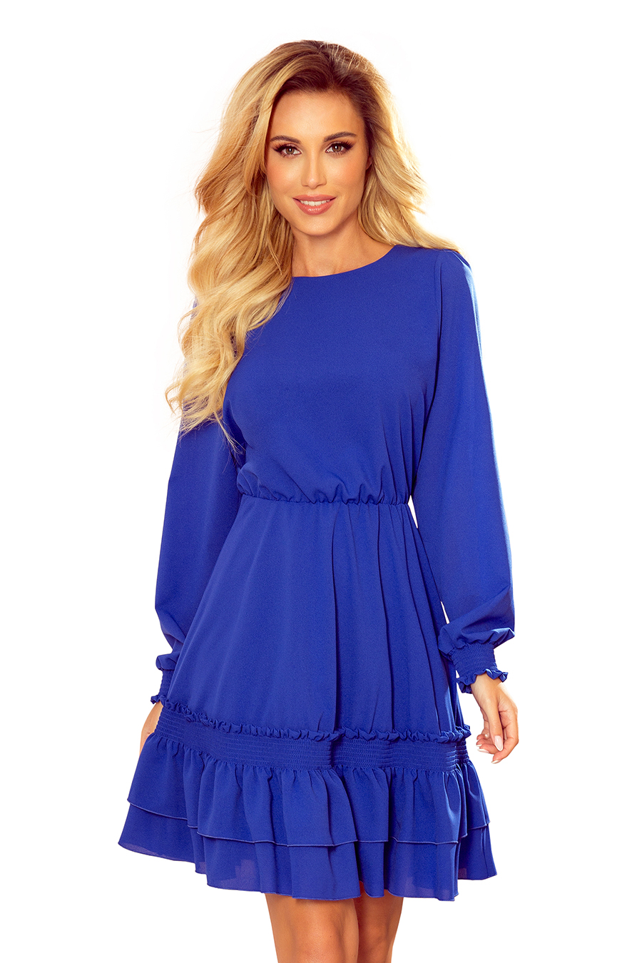 336-1 Chiffon dress with gathered elastic bands - classic blue 