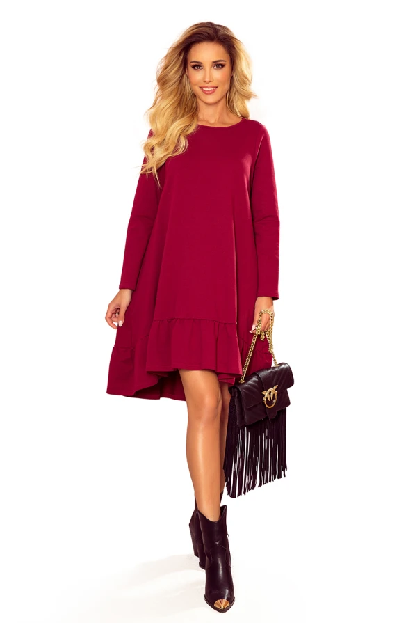 337-2 Trapezoidal dress with a frill - burgundy color