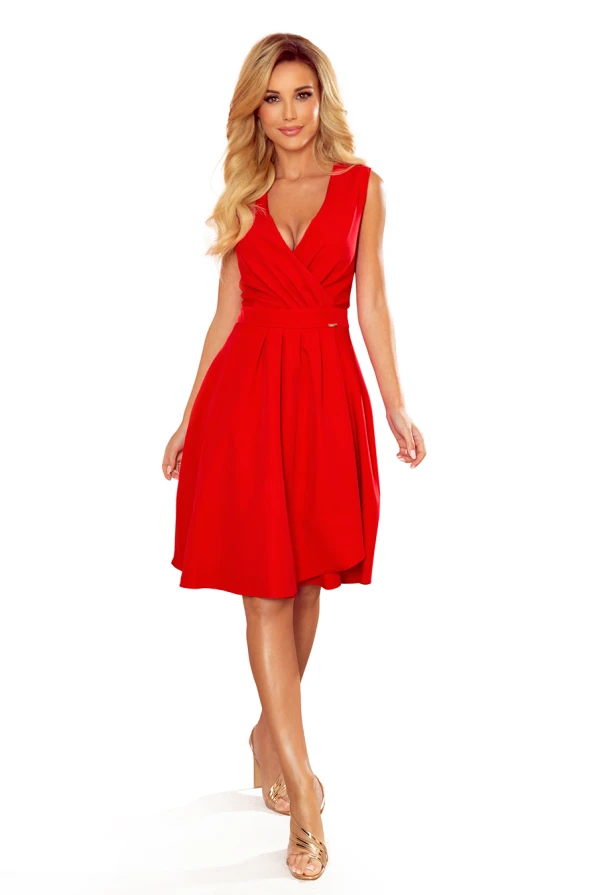 338-1 ELLENA elegant dress with a neckline and pleats - red